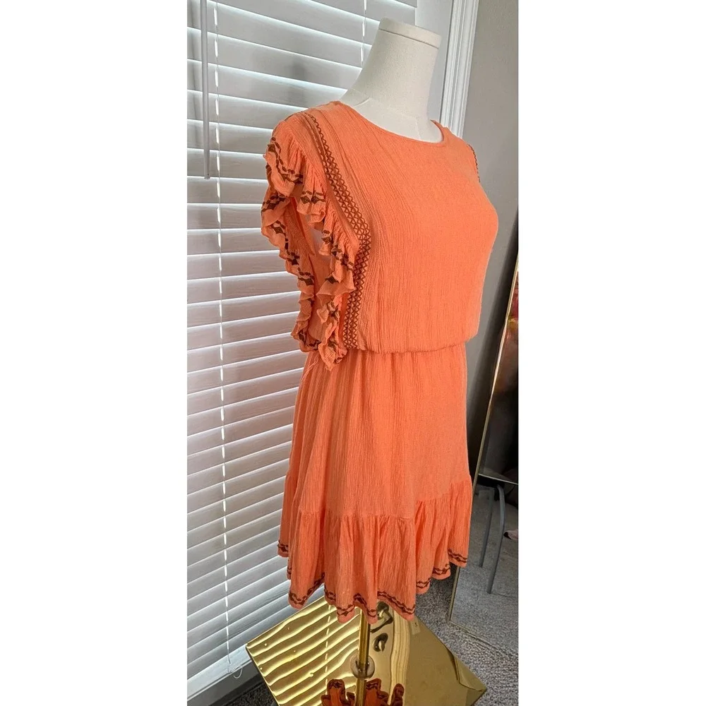 Free People Coral Orange Embroidered Ruffle Gauze Mini Dress Boho Western Sz S